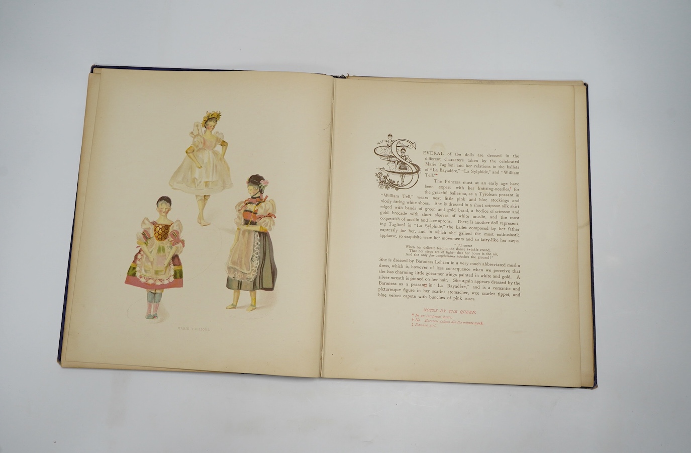 Low, Frances H. - Queen Victoria's Dolls. pictorial title, num. coloured illus. (mostly full page) and other text illus. (by Alan Wright); original gilt pictorial cloth, ge. and gold patterned e/ps., 4to. 1894